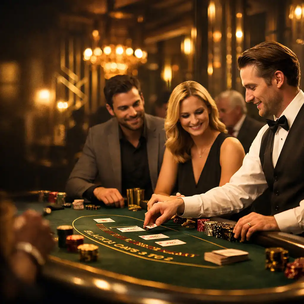 Elegancki event kasynowy z gośćmi przy stole blackjacka
